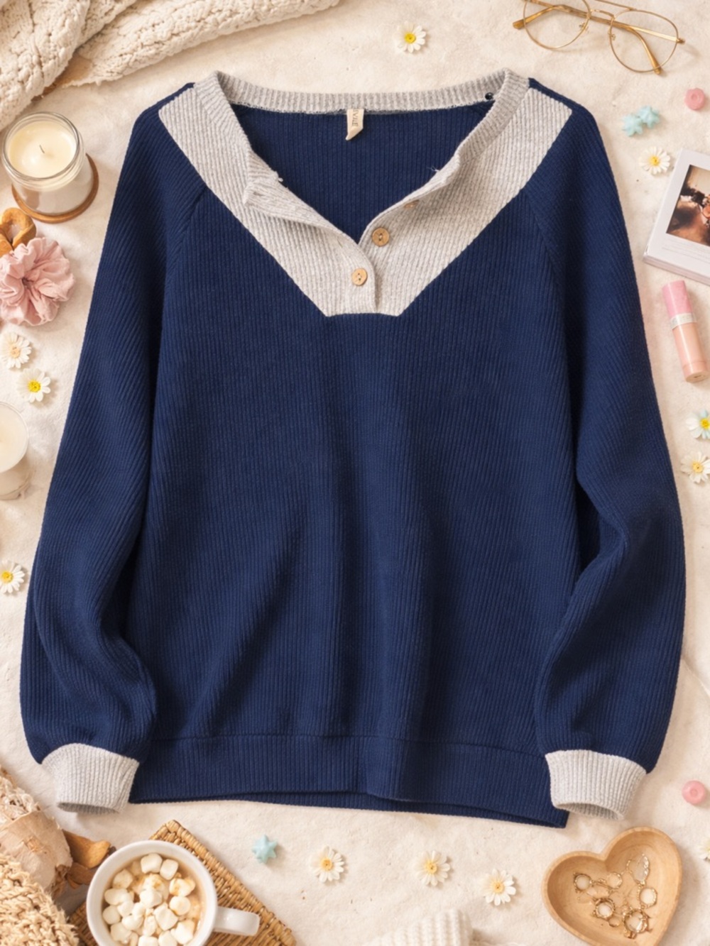 Navy Blue Women's Ribbed Henley Sweater with Contrast Grey Trim